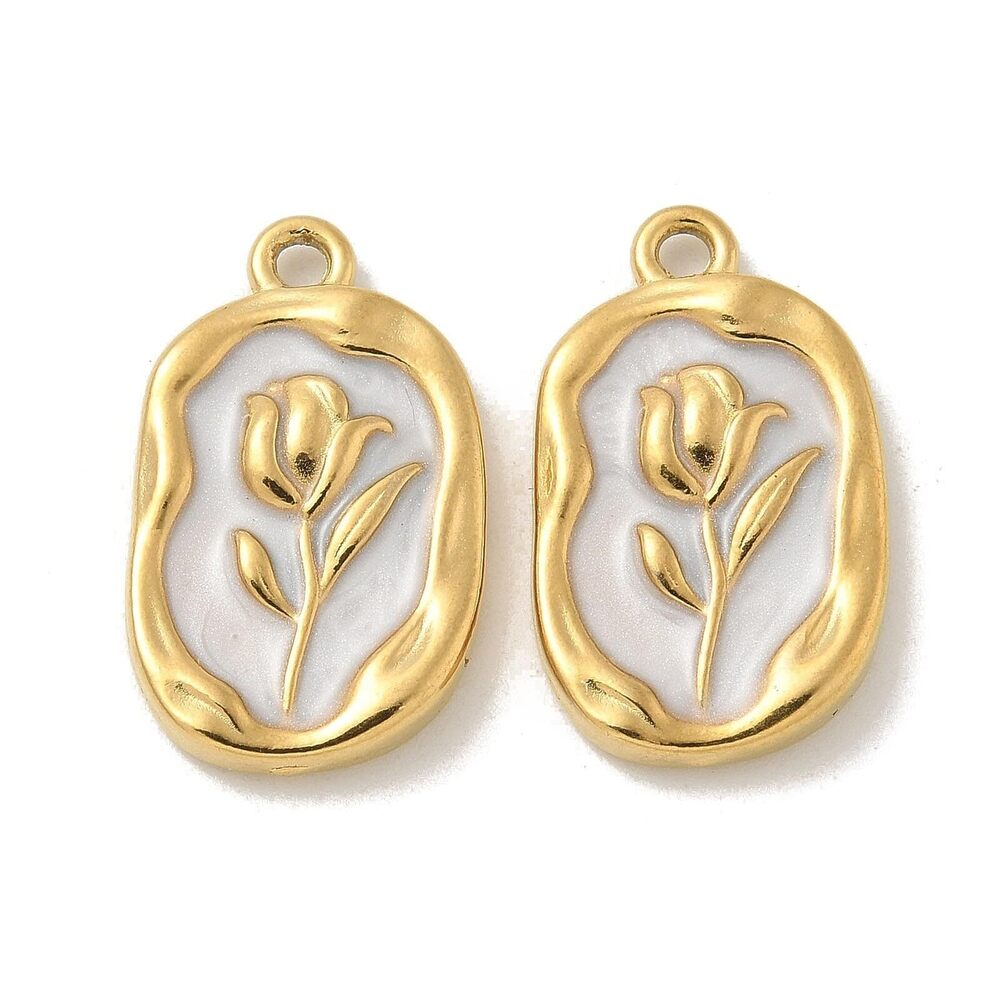 3106 10 Pcs 304 Stainless Steel Enamel White Flower Charms Golden